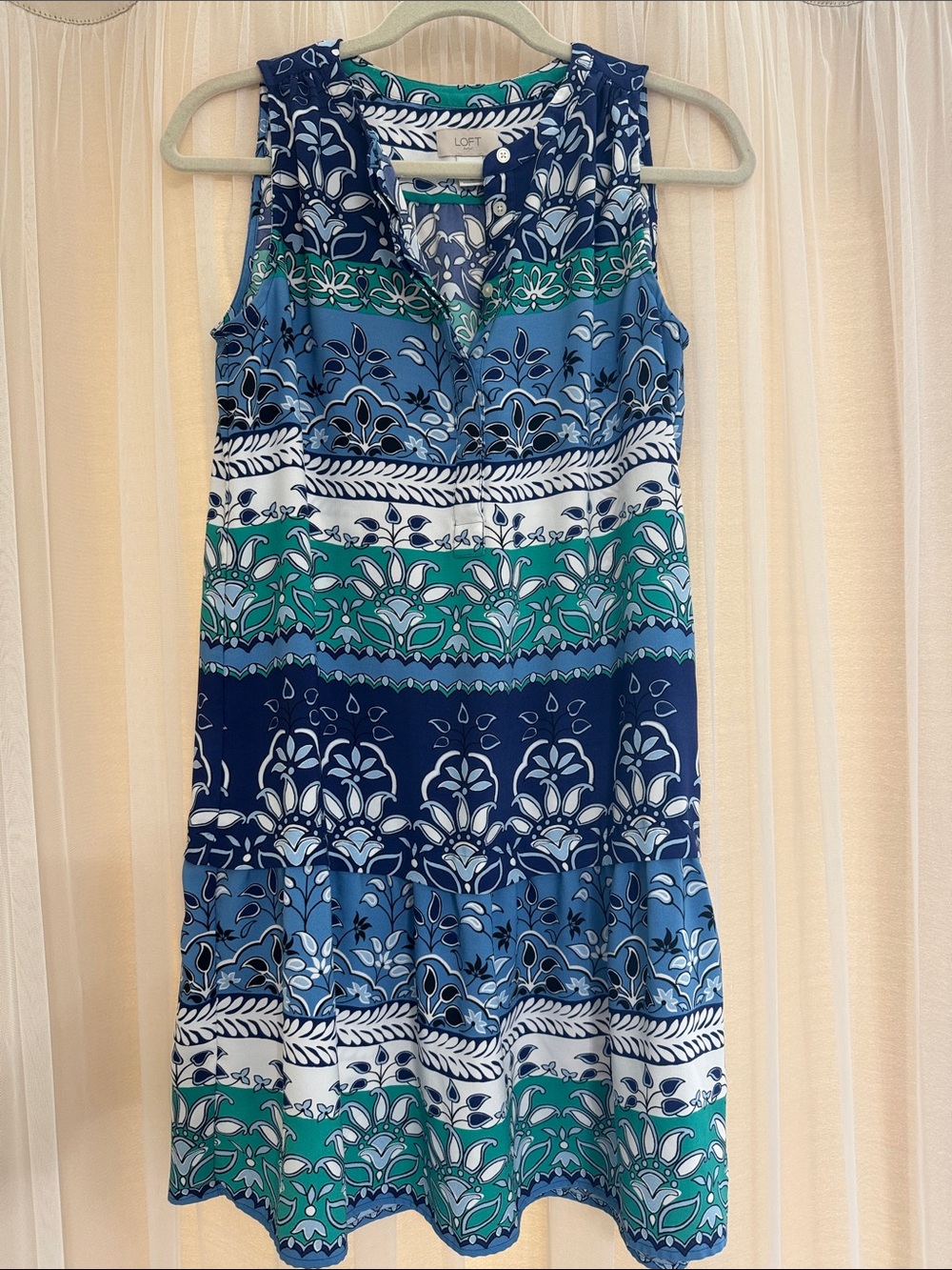 LOFT Outlet Navy, Teal & White Floral Stripe Button-Front Dress